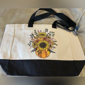 Floral Canvas Tote Bag - Black and Cream